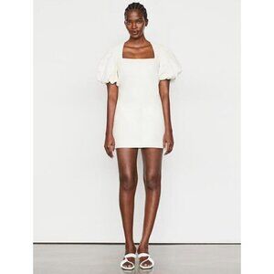 FRAME Denim Nina Puff Sleeve Leather Mini Dress Bone Womens Size Large